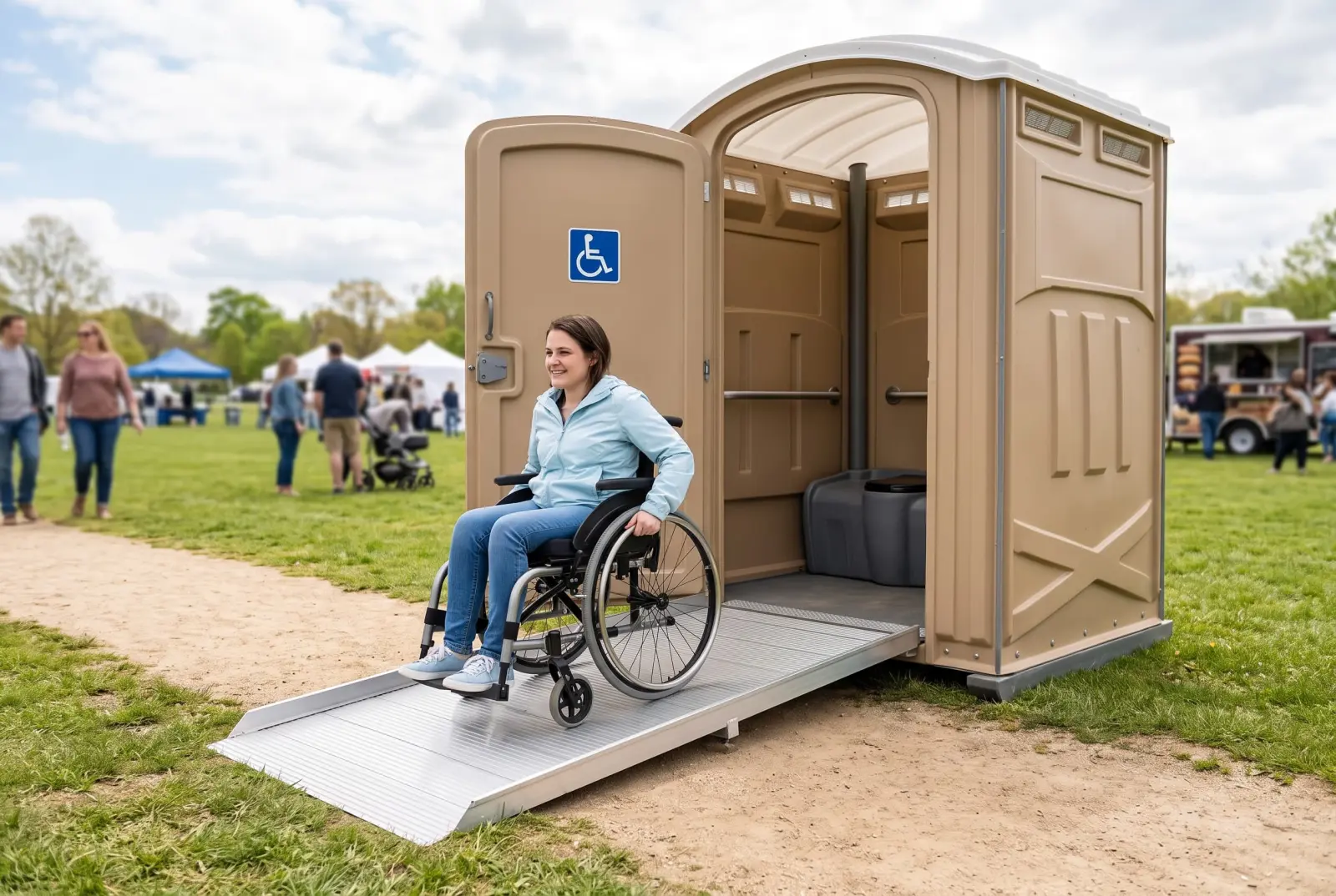 Wheelchair user approaching a wide-ramp ADA accessible portable toilet at an outdoor event