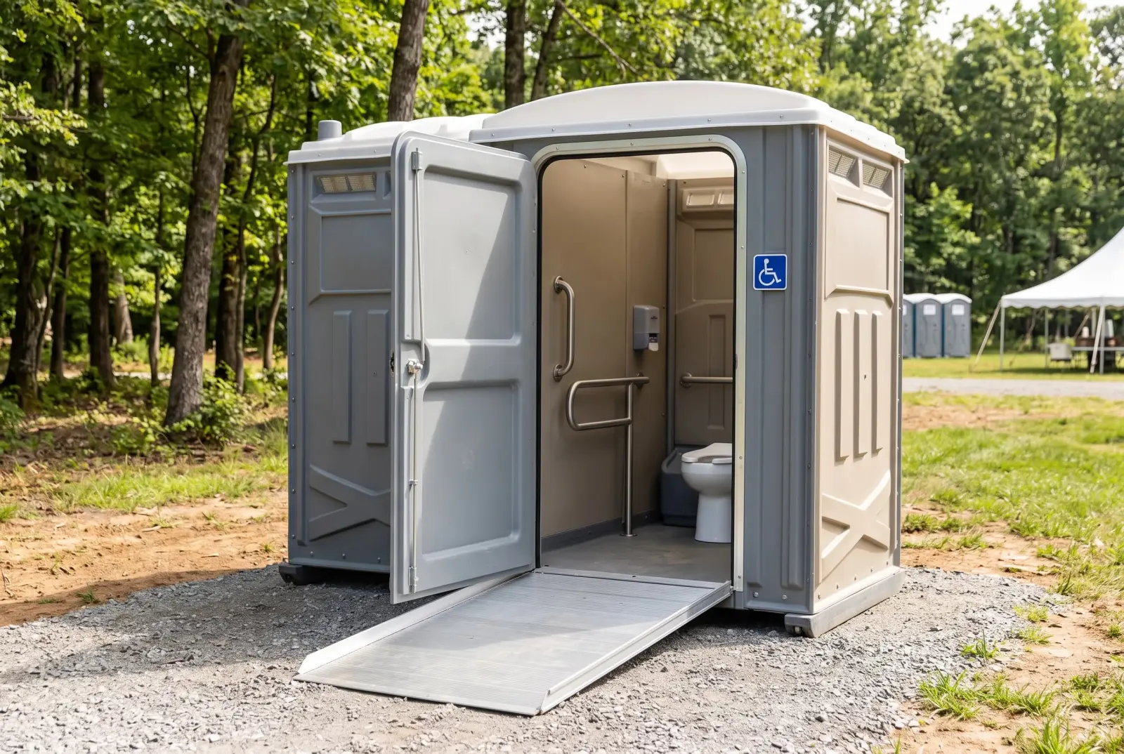 ADA accessible portable toilet with a wide ramp entrance