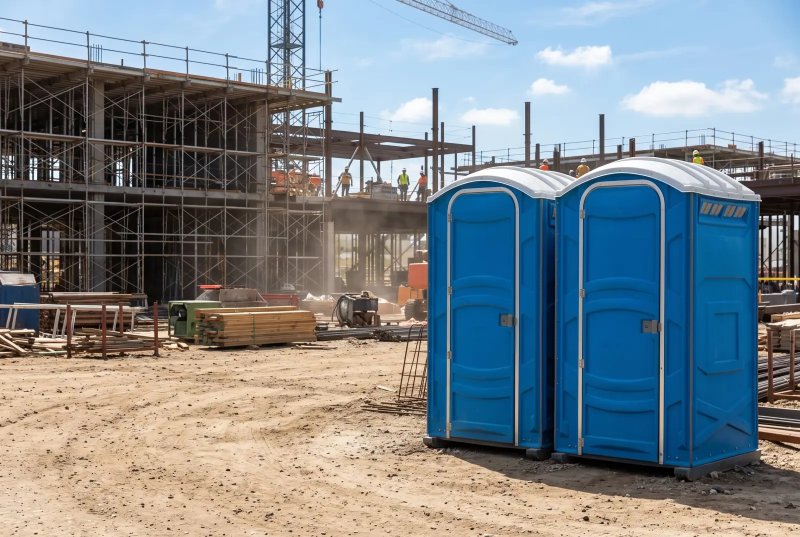 Portable toilets positioned at the edge of an active construction site