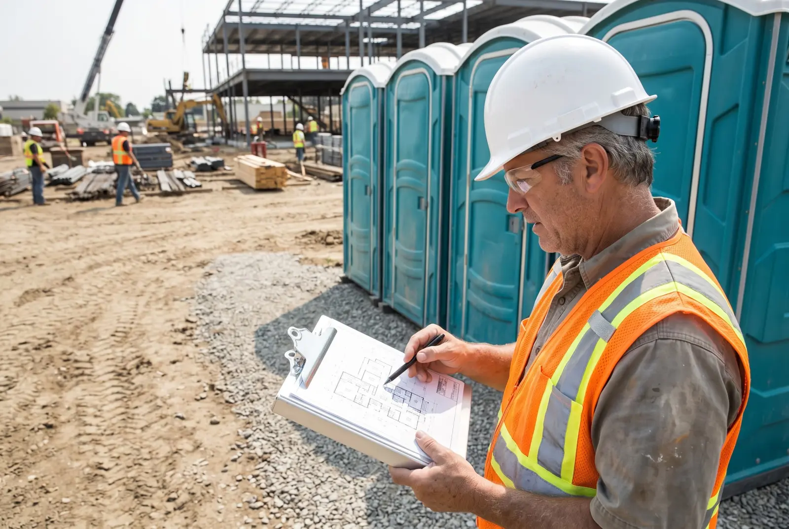 Construction site foreman reviewing a site layout plan near portable toilets