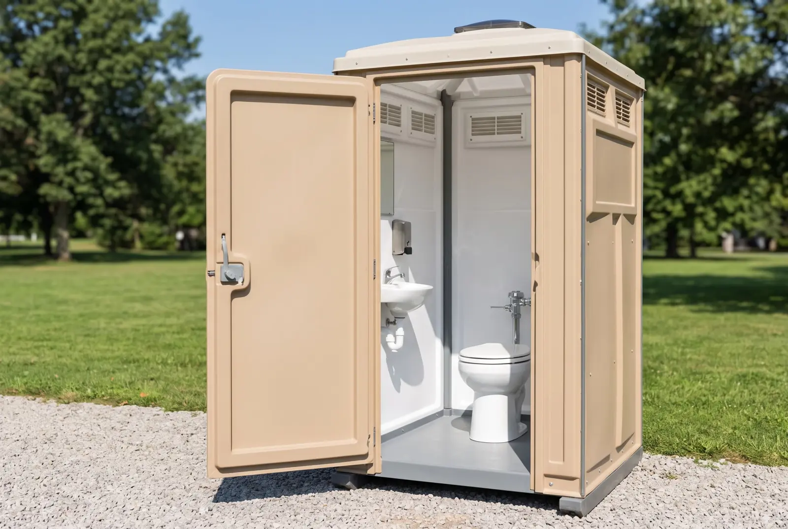Deluxe flushable portable toilet with sink and finished interior