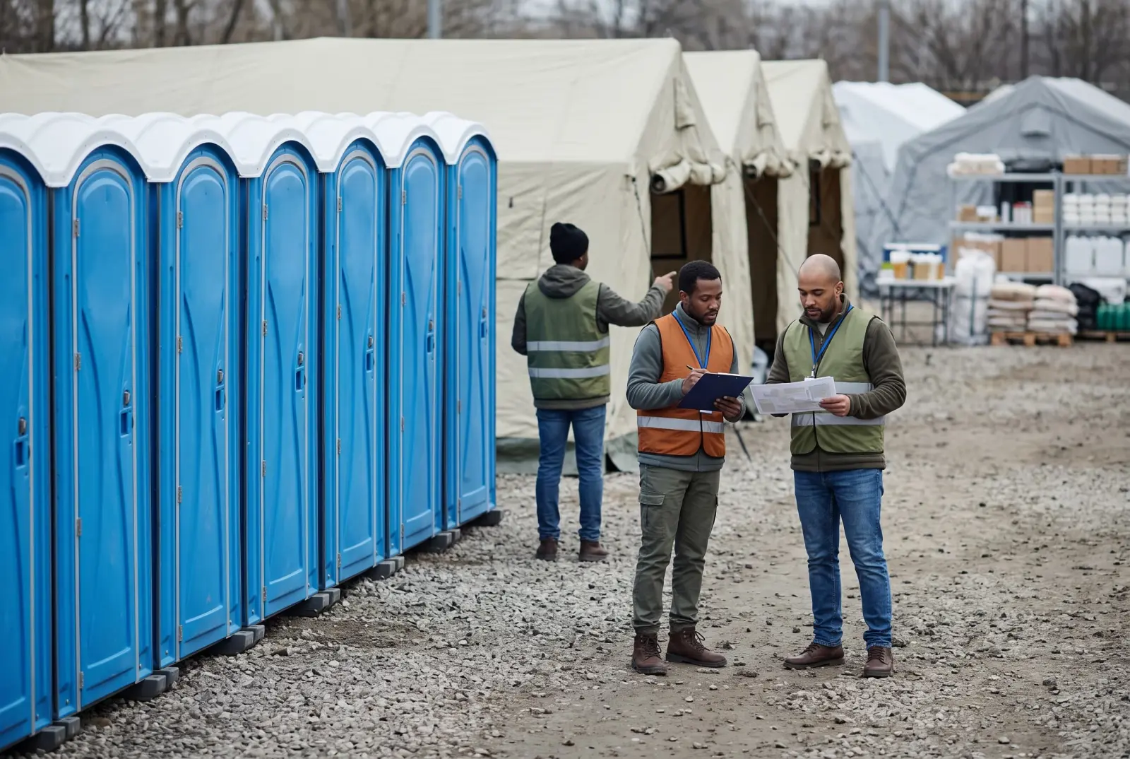 Temporary portable sanitation units at a community emergency shelter site
