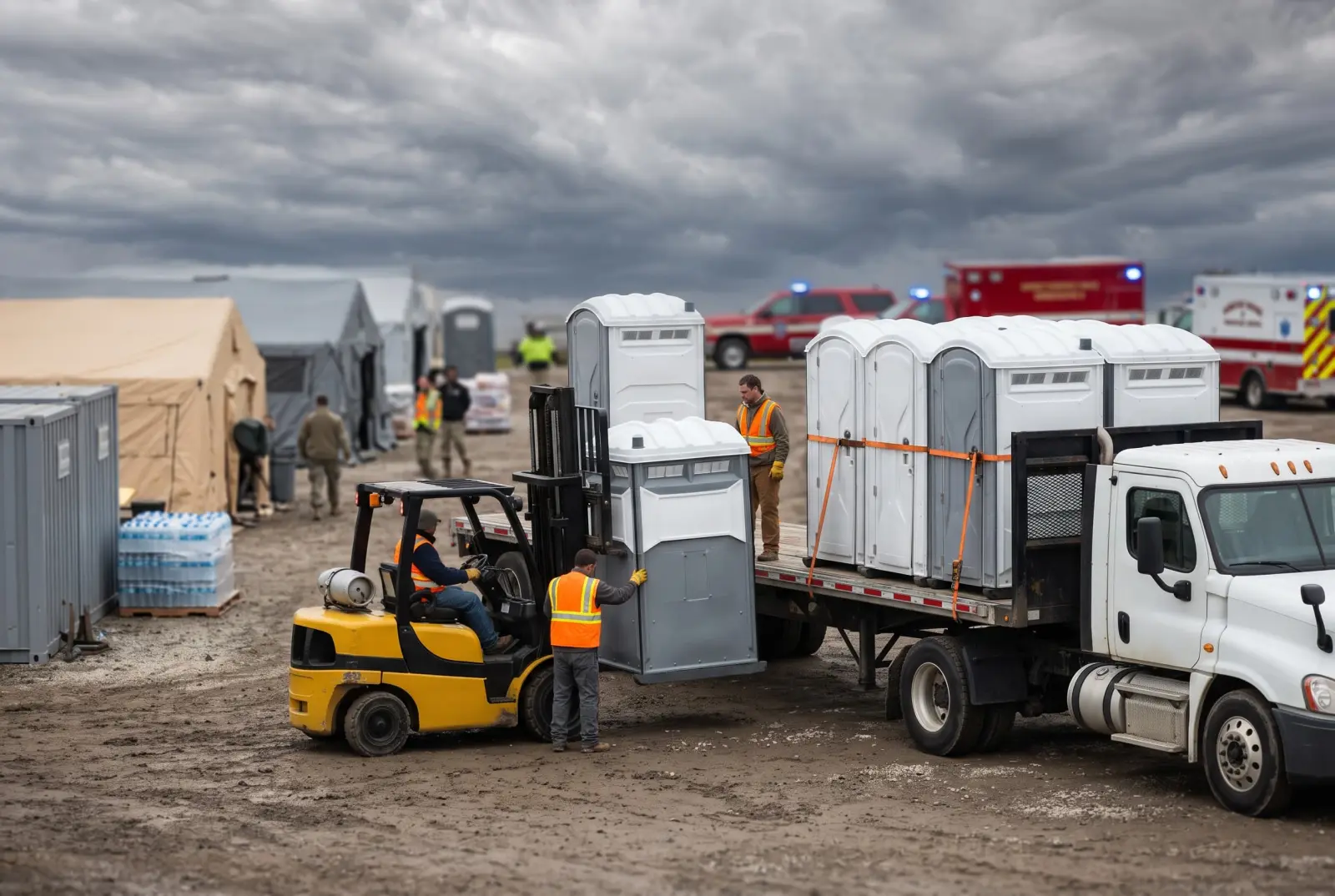 Portable toilets being unloaded at a temporary emergency relief staging area