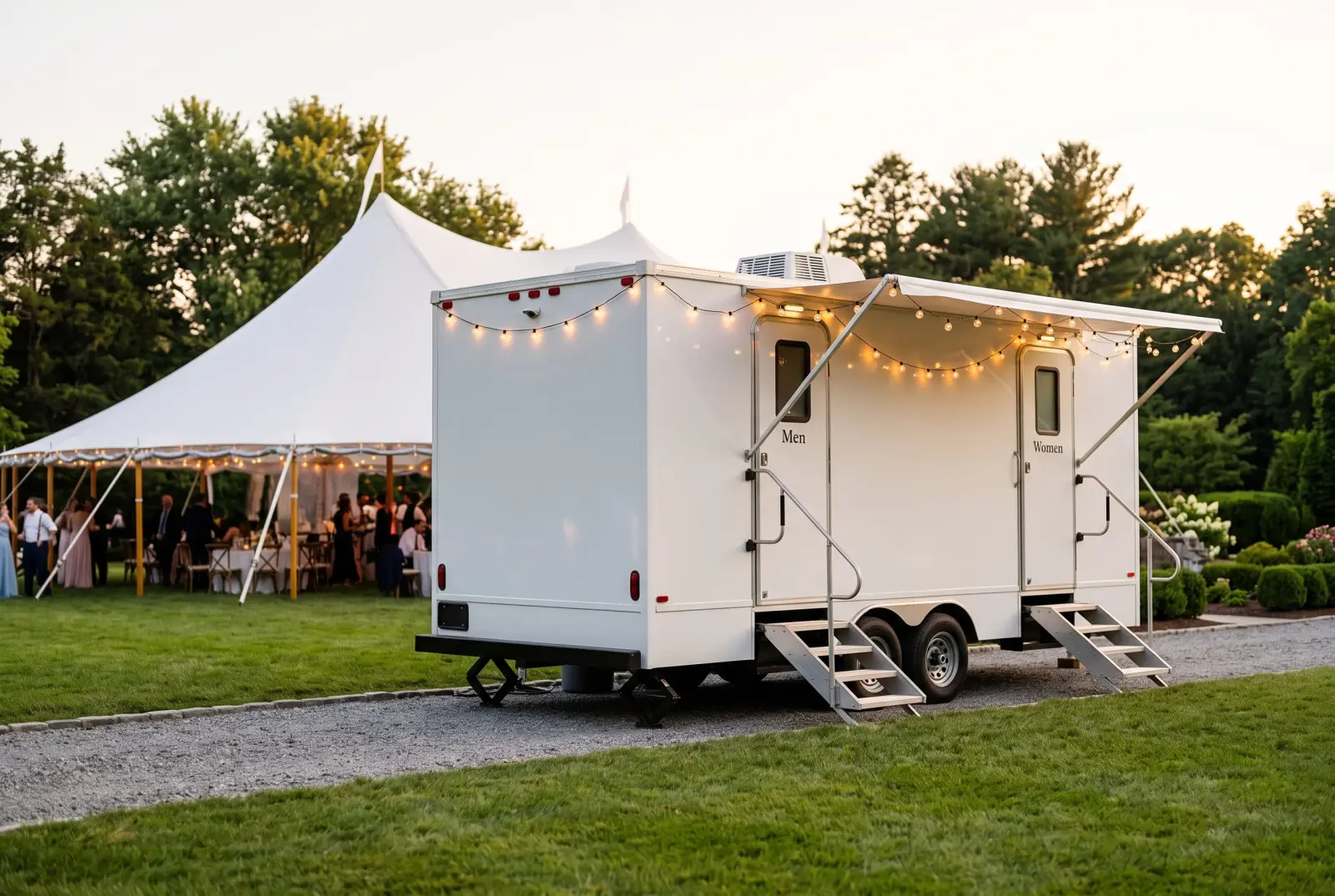 Restroom trailer near an outdoor wedding reception tent