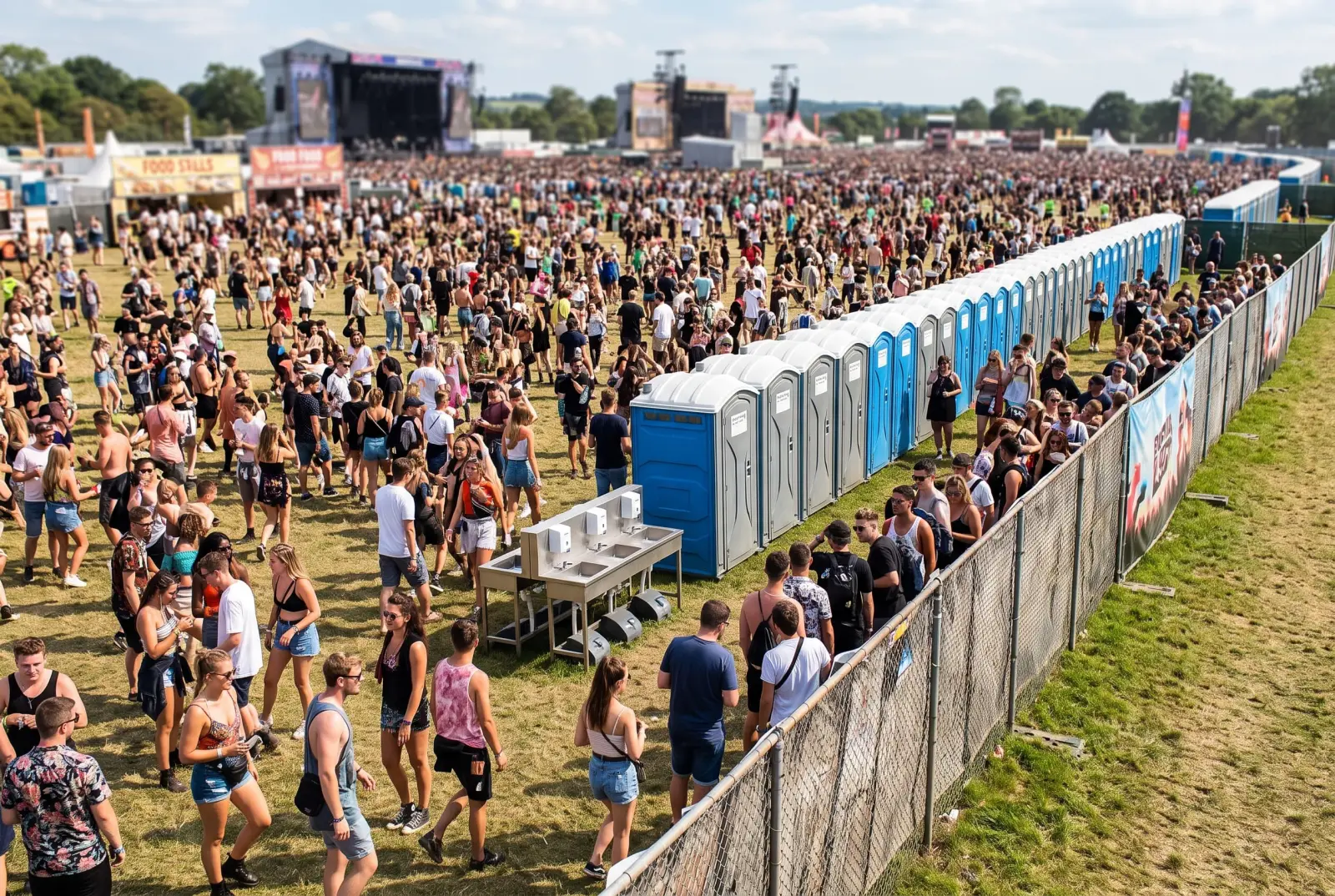 Bank of portable toilets and hand wash stations along a festival perimeter