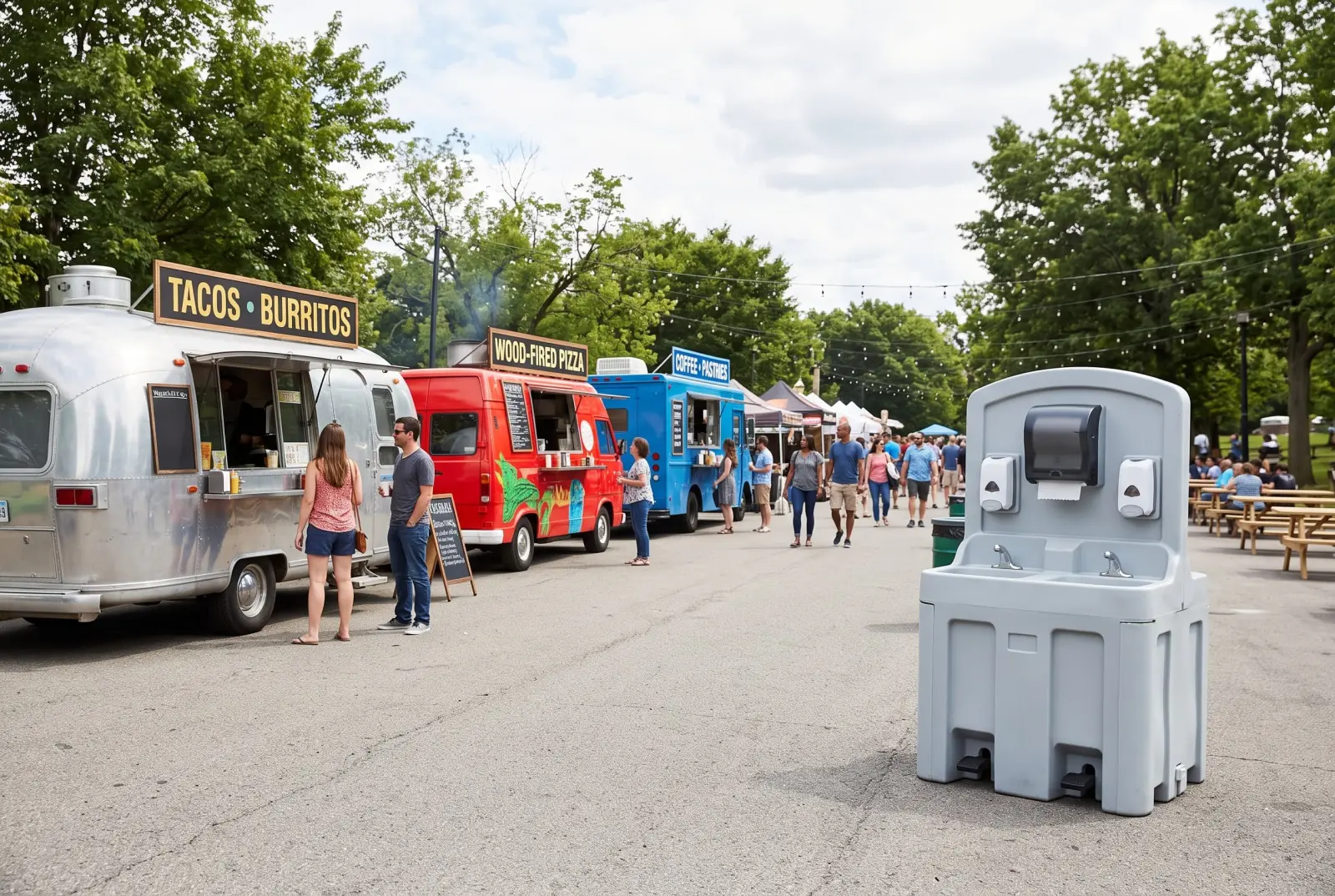 Standalone hand wash station near a food vendor row at an outdoor festival