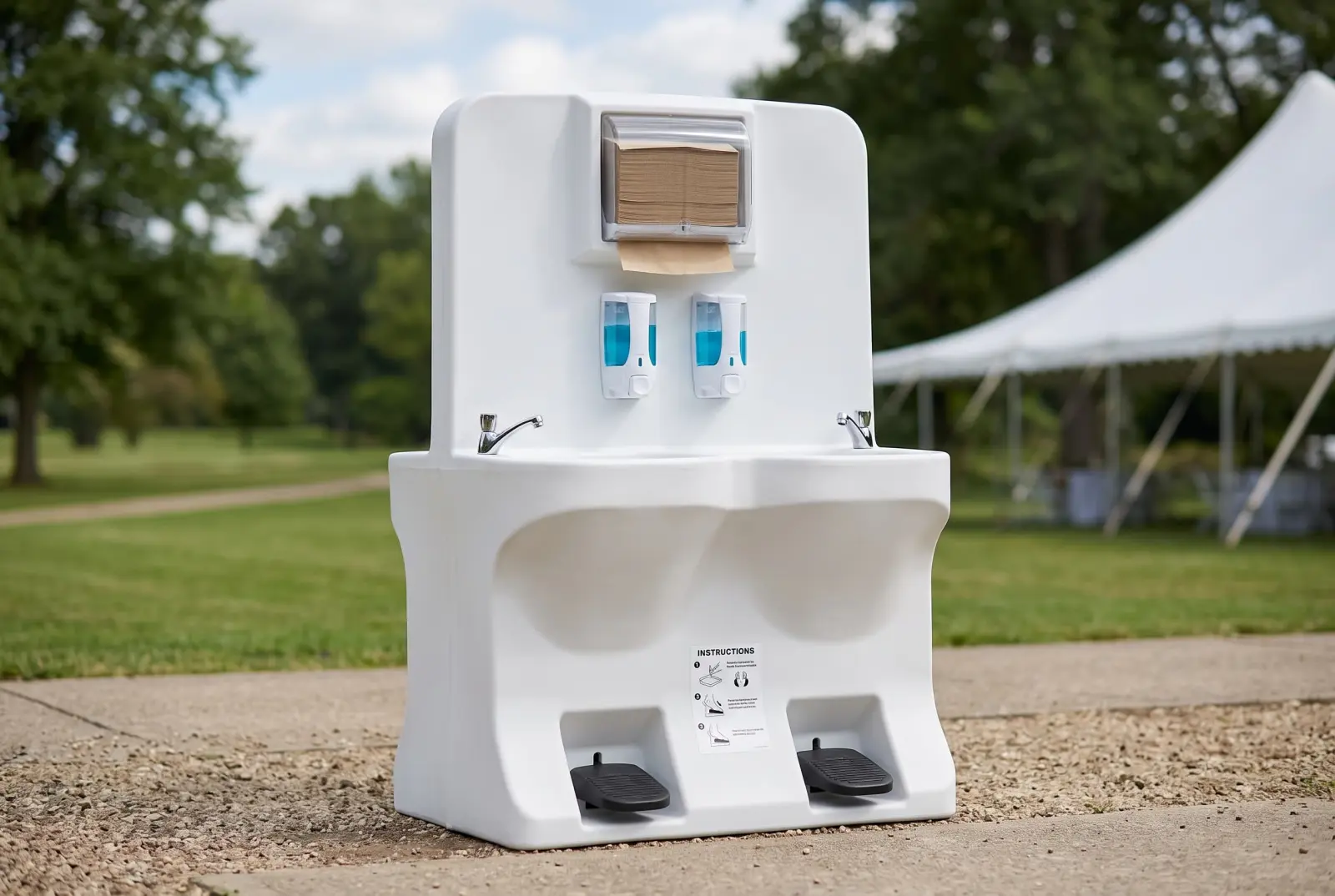 Standalone outdoor hand wash station with foot-pump faucets