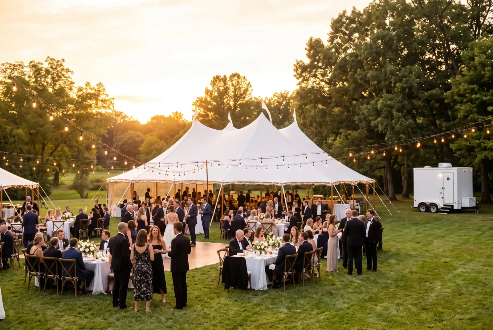 Outdoor wedding reception with a restroom trailer visible at the edge of the frame